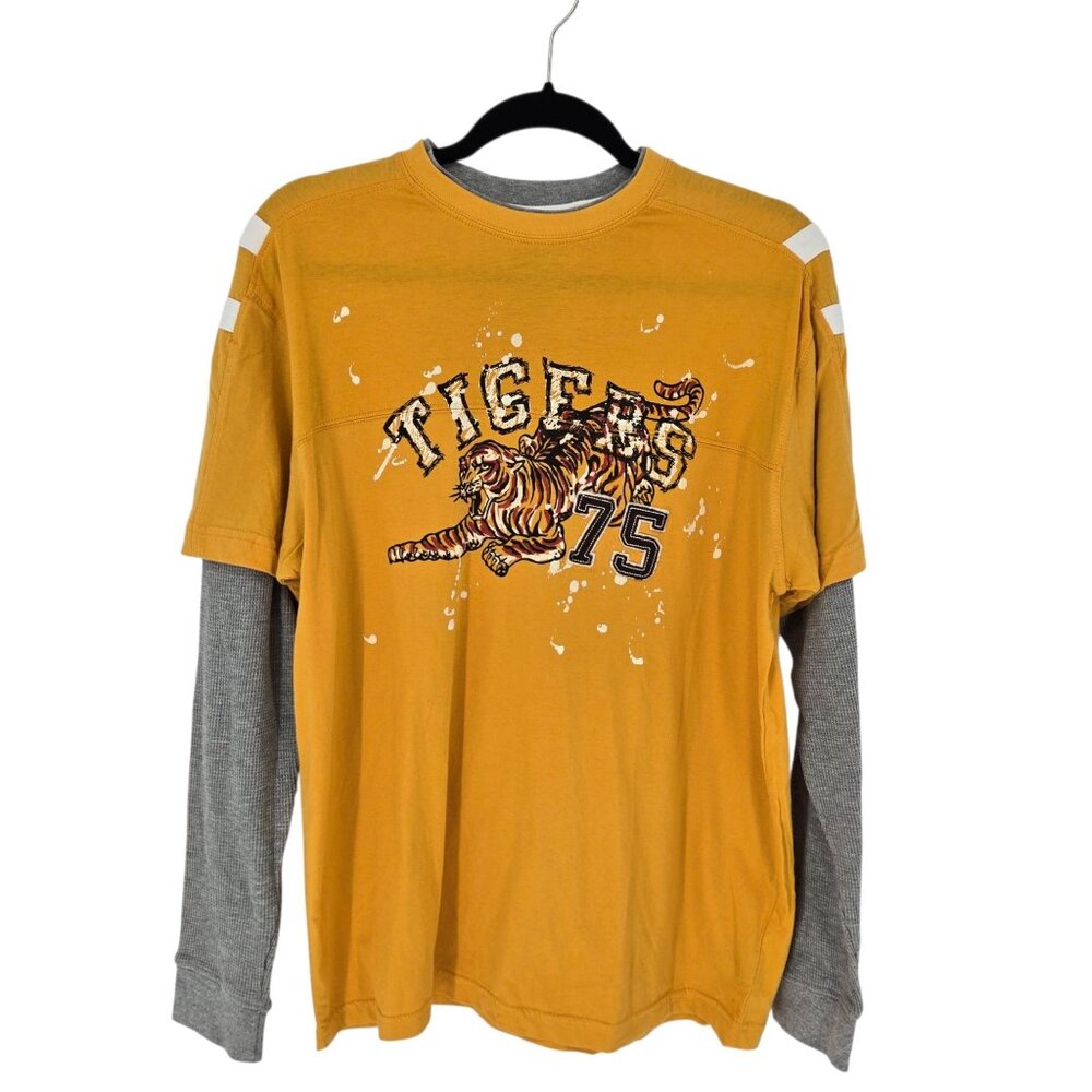Arizona jeans co junior XL 18 20 waffle long sleeve mock layered yellow tiger